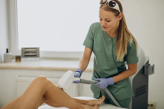 Especialista realizando depilación láser en las piernas de una clienta